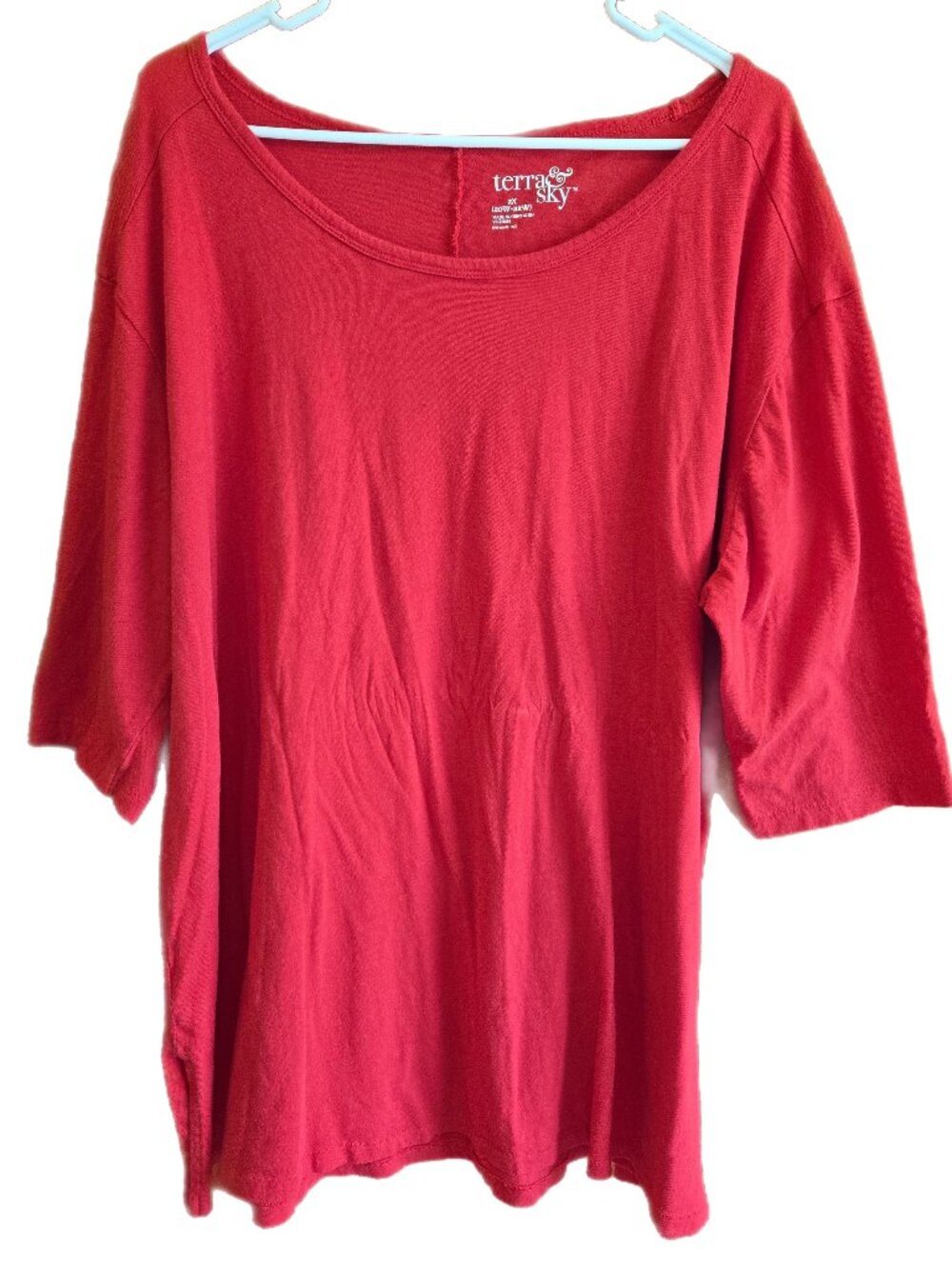 Terra & Sky Women's 2X (20W-22W) Red Top 3/4 Sleeves Cotton Blend Loose Neck